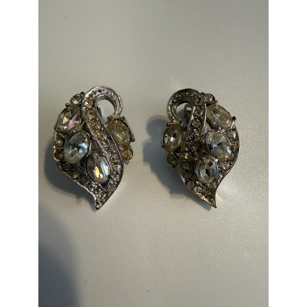 Vintage Hollycraft Silver Tone Clear Rhinestone Leaf Clip On Earrings Statement